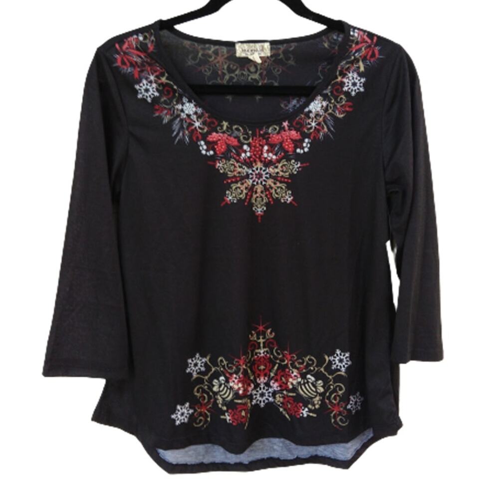 Women's Christmas Top Size Small Black Red 3/4 Sleeves Scoop Neck One World New
